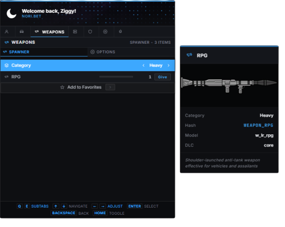 Nori — Weapons tab
